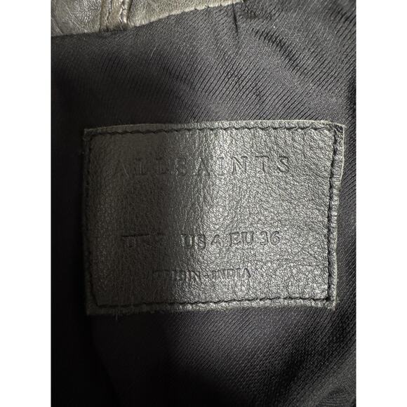 AllSaints Leather Biker Jacket Womens 4 Gray Conroy Quilted Shoulders Moto Zip - Picture 9 of 15